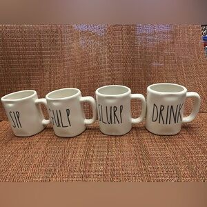Rae Dunn White Ceramic Expresso 'Sip Gulp Slurp Drink' Set of 4 Mugs NWT